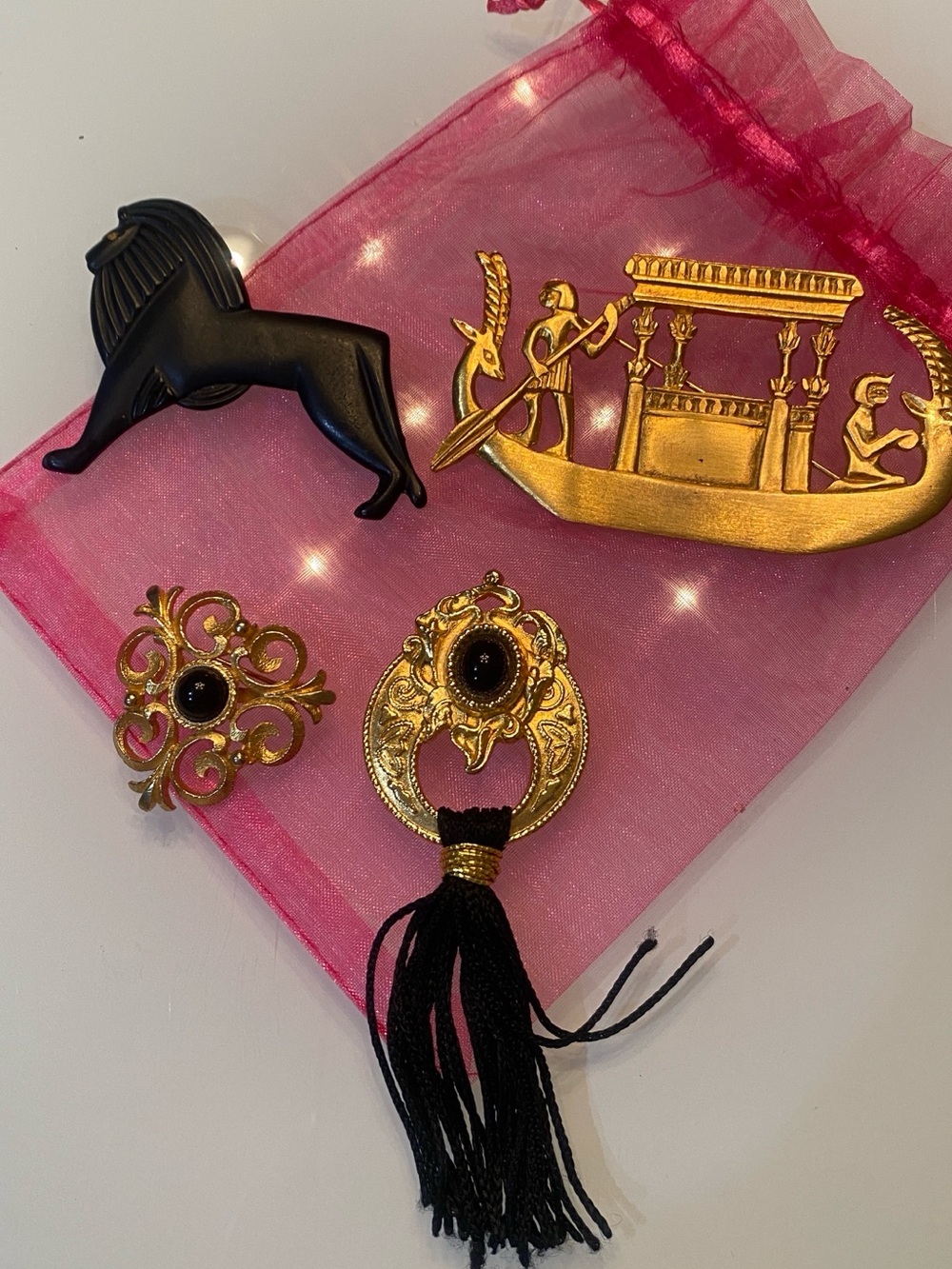 Vintage Egyptian Revival & Gold/Black Brooch Lot - Barge, Lion, Tassel (4-Pc)